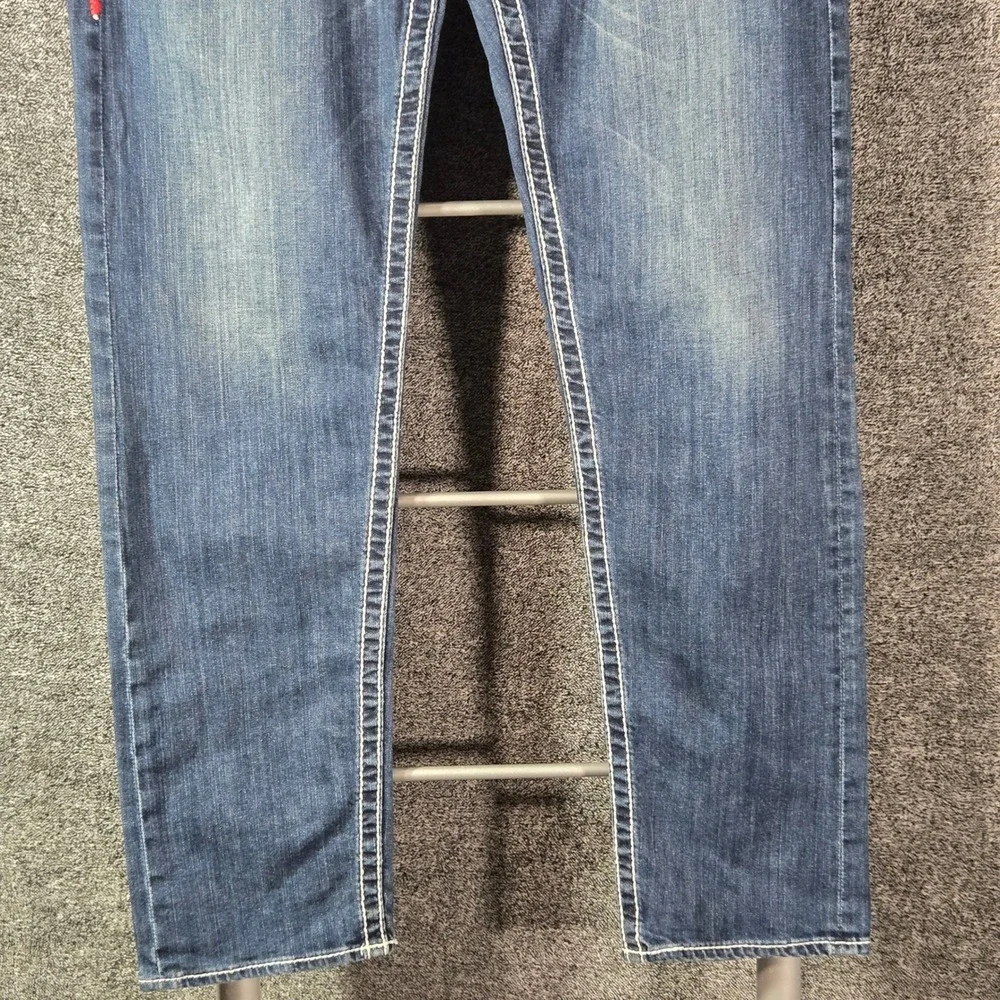 True Religion Rocco Relaxed Skinny Jeans Big T Stitch Blue Red Horseshoe 32x31